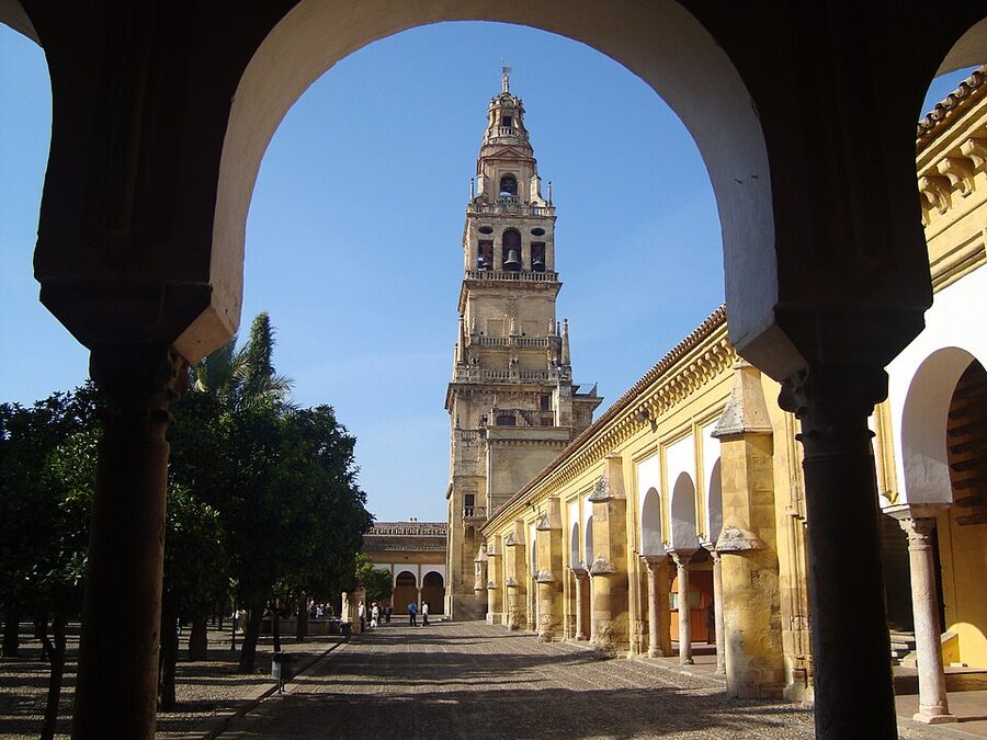 Cordoba Mezquita bell tower viewed from the Patio de los Naranjos
