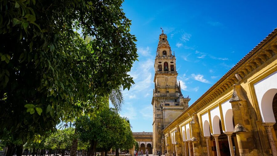Cordoba Mezquita bell tower Torre Campanario from below