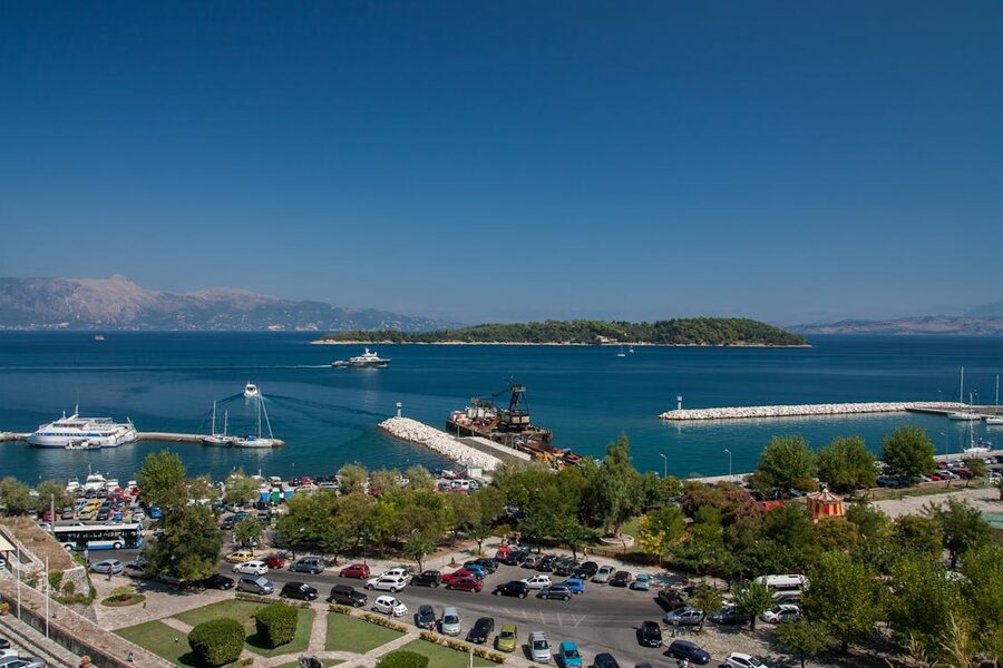 Corfu harbor aerial morning departure cruise