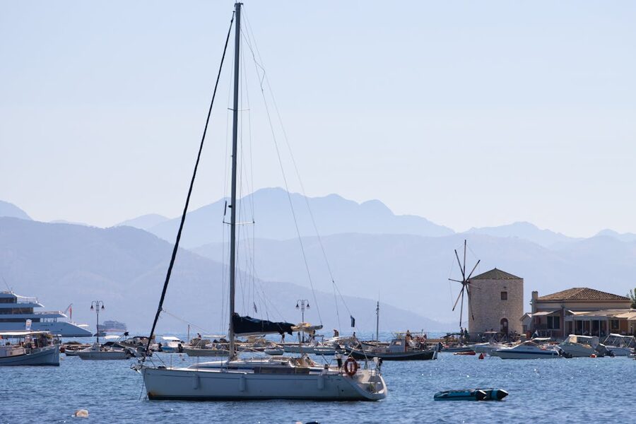 Corfu old port boats traditional windmill