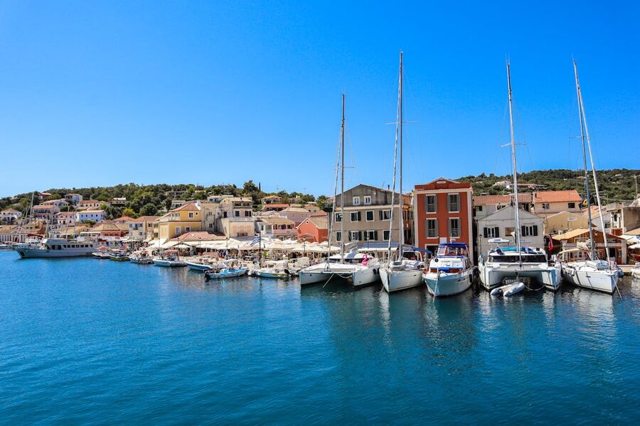 Gaios harbor Paxos yachts colorful buildings