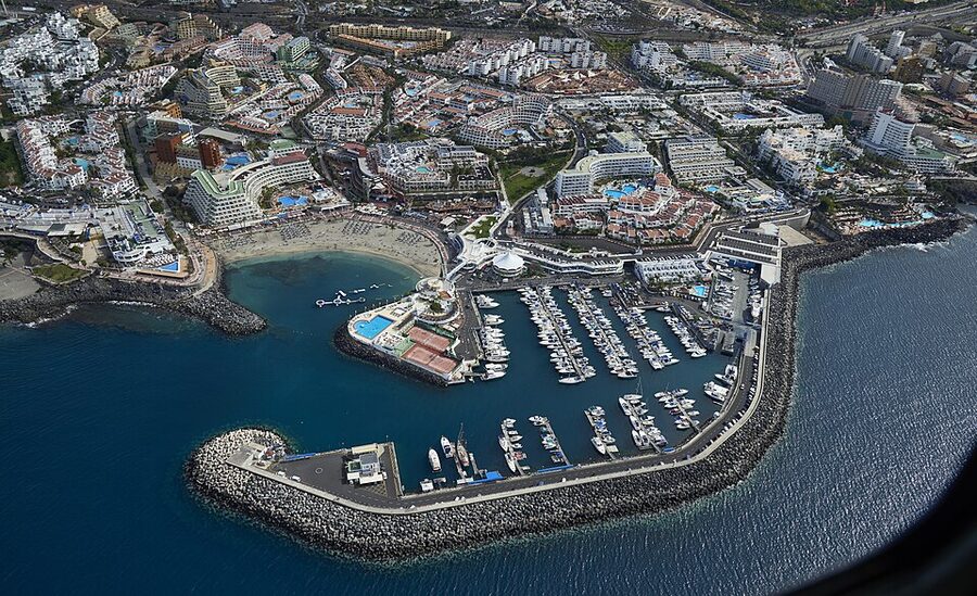 Aerial view of Costa Adeje and Puerto Colon harbour, Tenerife