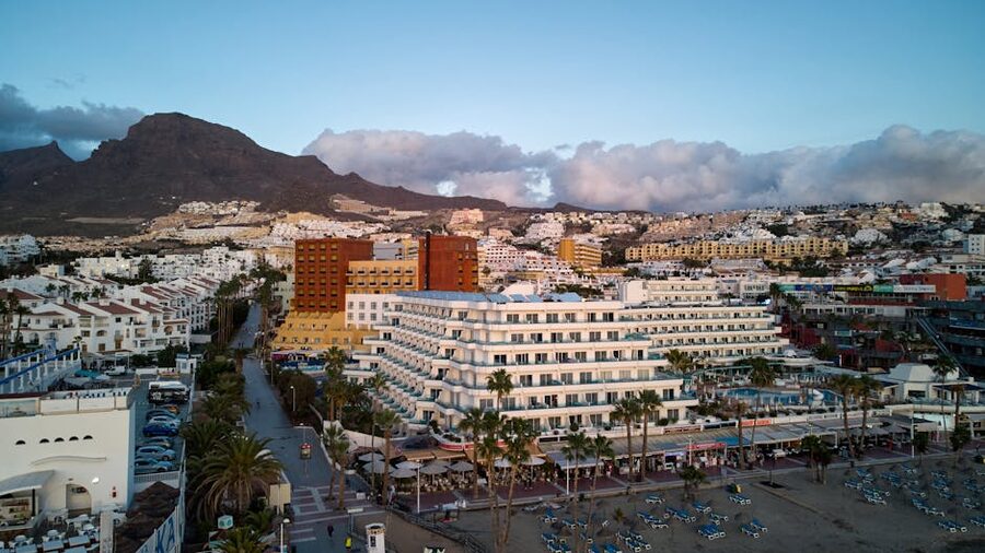 Aerial of Costa Adeje with mountain backdrop, Tenerife