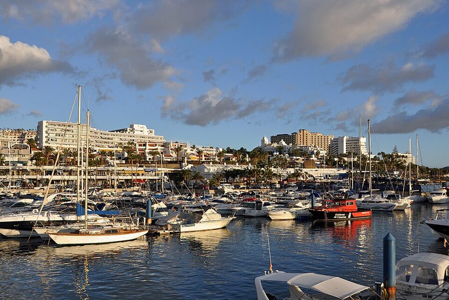 Costa Adeje coastline with low-rise resort buildings and Atlantic Ocean