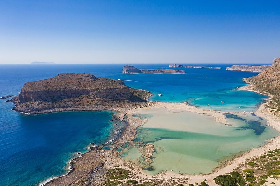 Aerial view Balos Beach lagoon Crete sandbar