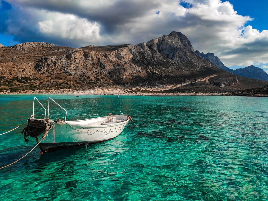 Balos beach clear water Crete lagoon mountains