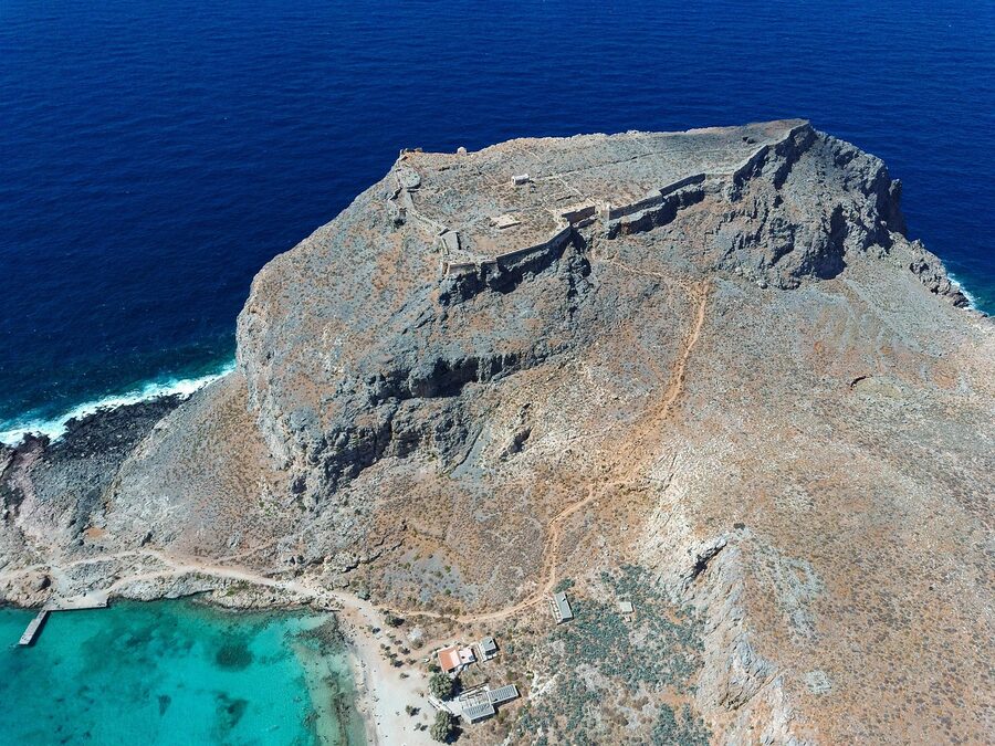 Gramvousa island drone view Crete sea fortress