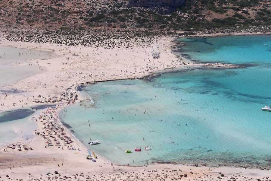People on Balos beach Crete aerial view