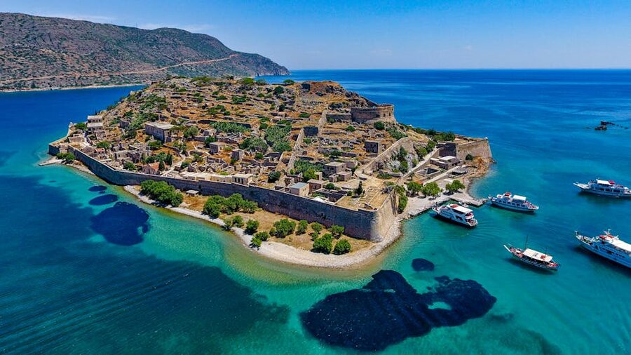 Spinalonga island aerial view fortress Mirabello Gulf Crete