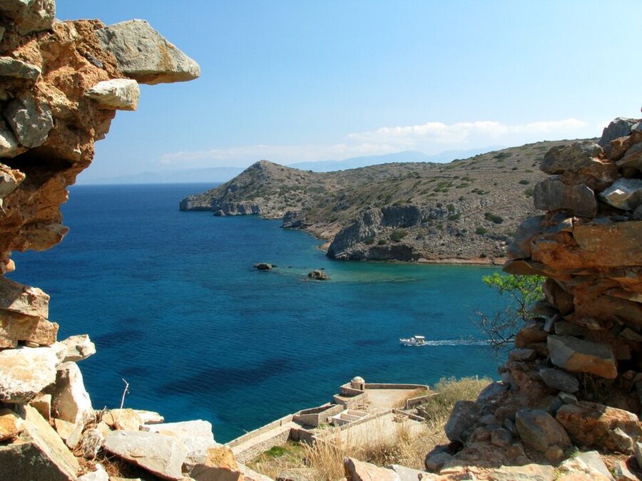 View from highest fortifications Spinalonga summit Crete