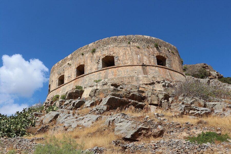 Spinalonga island walls approaching by boat Crete