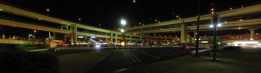 Panoramic view of Daikoku Parking Area and surrounding highway junction in Yokohama