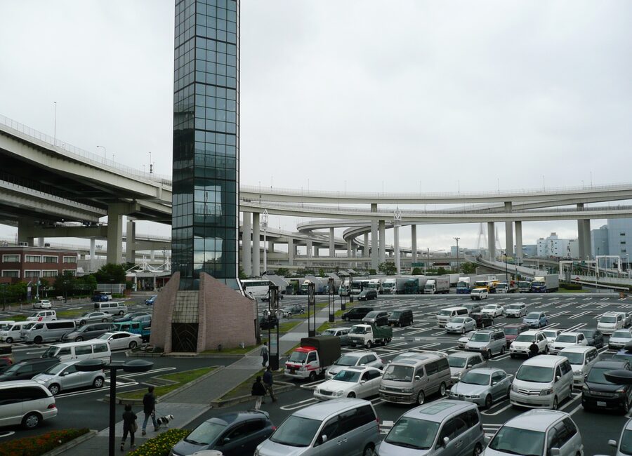 Aerial view of Daikoku Parking Area highway service station in Yokohama