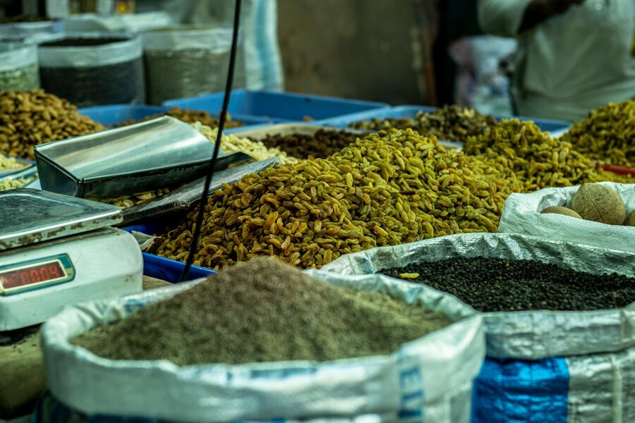 Colorful spice stall in a Delhi market