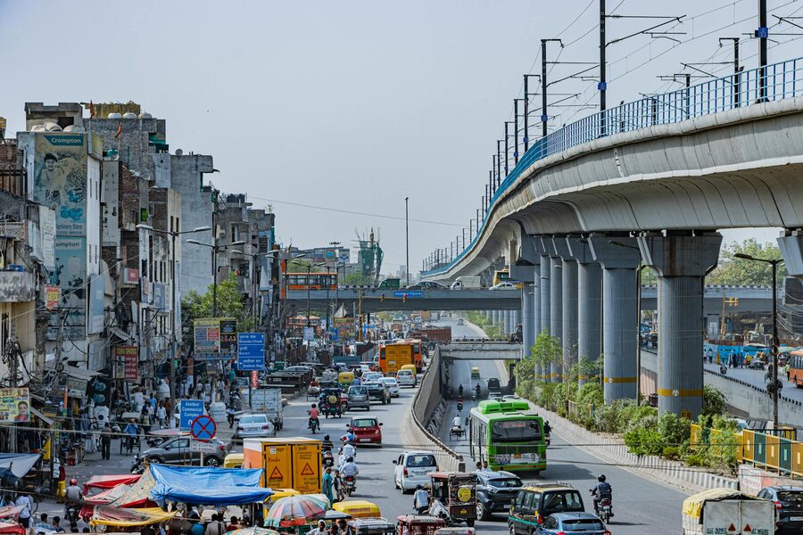 Delhi street scene with metro