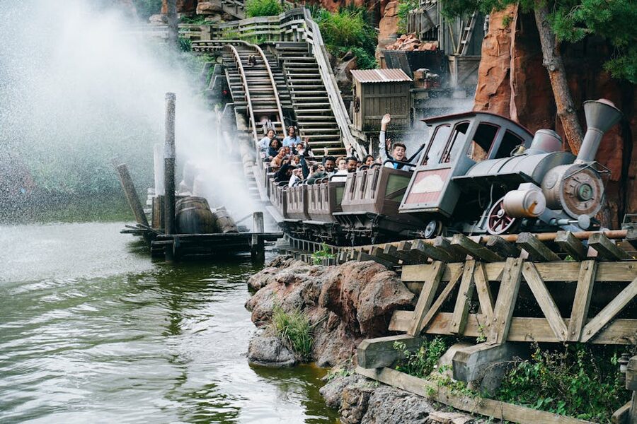 Big Thunder Mountain Railroad rollercoaster at Disneyland Paris with water splash