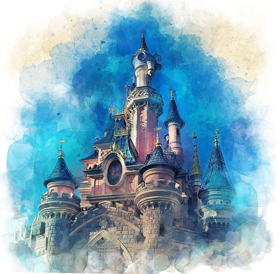 Disneyland Paris castle in evening light with fairytale glow