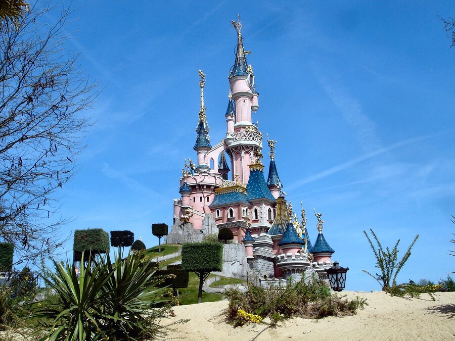 Side angle of the fairytale castle at Disneyland Paris
