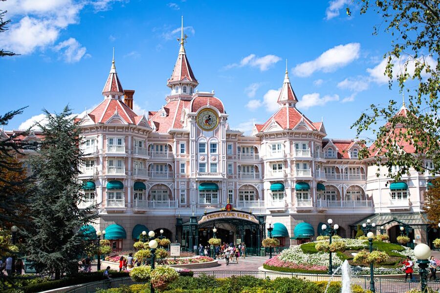 Hotel entrance at Disneyland Paris under blue sky