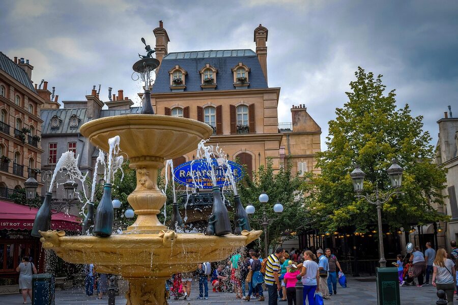 Ratatouille themed area with fountain at Walt Disney Studios Paris