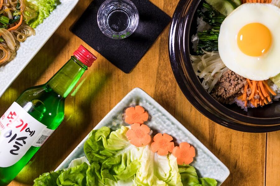 Korean bibimbap with egg and vegetables served as tour lunch