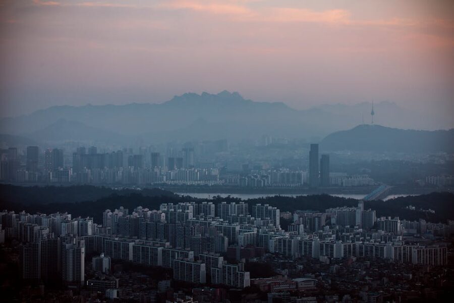 Aerial view of Seoul skyline with Namsan Tower at dawn