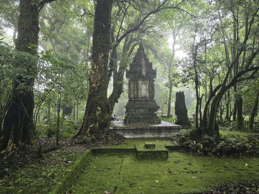 Temple structure surrounded by mist at Doi Inthanon National Park Thailand