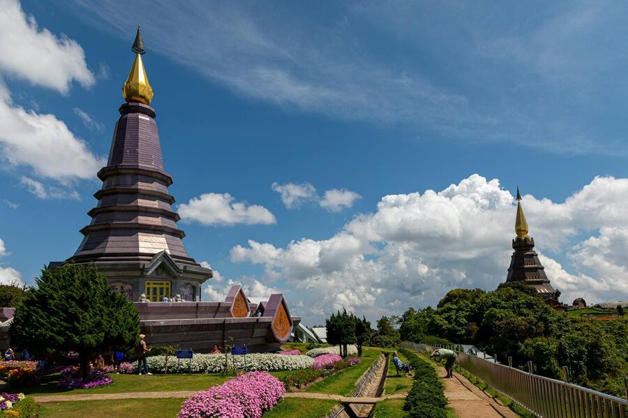 Two pagodas at Doi Inthanon National Park summit in Chiang Mai Thailand