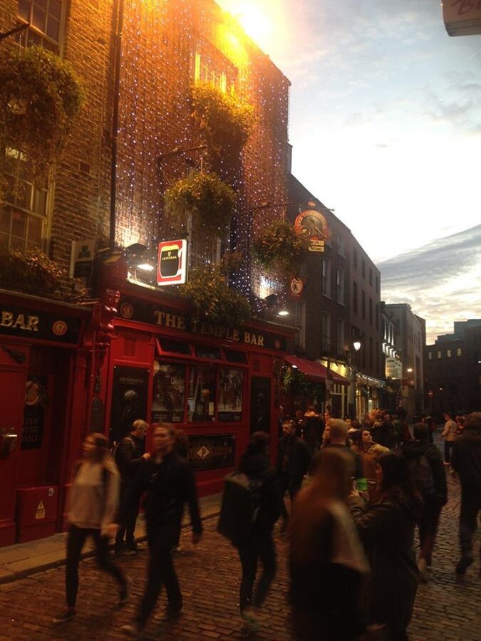 Temple Bar Dublin at dusk Liffey lights