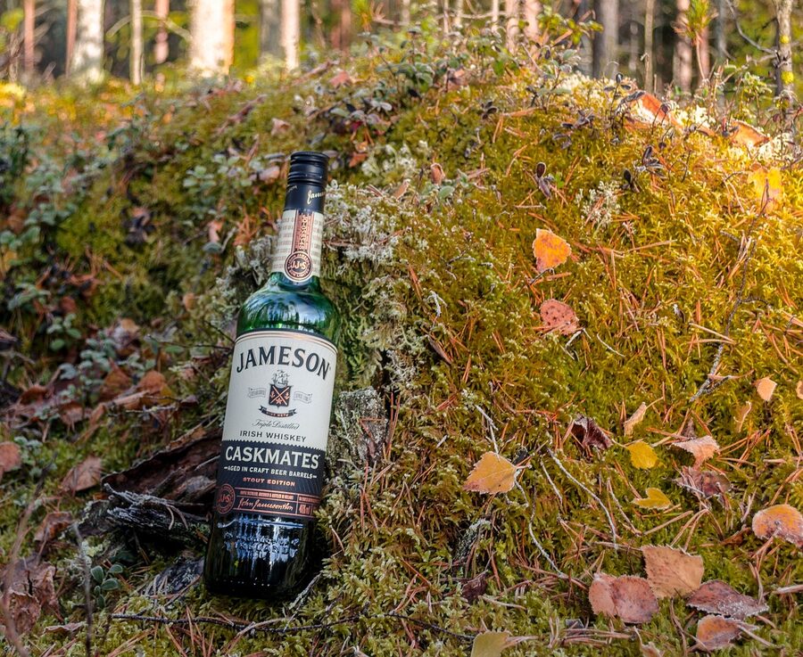 Jameson blend Irish whiskey bottle and tasting glass