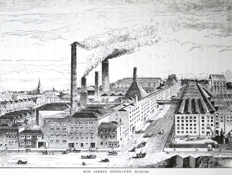 Historic engraving of Bow Street distillery Dublin by Alfred Barnard