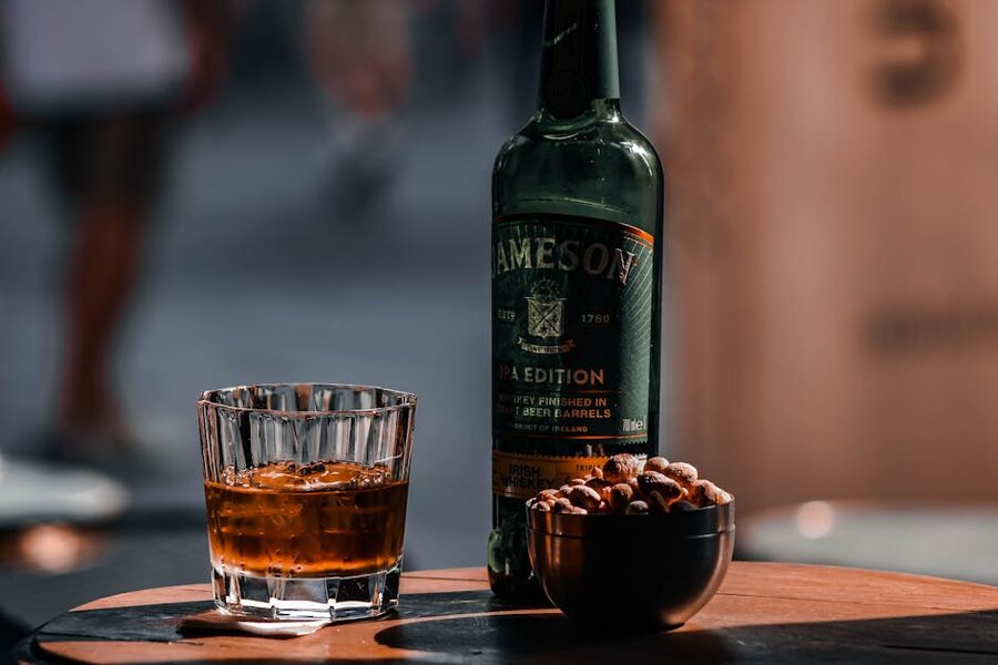 Whiskey on a bar table in the evening