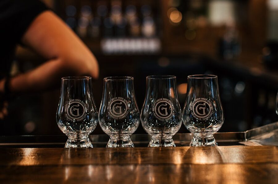 Glencairn tasting glasses lined up on a bar Dublin