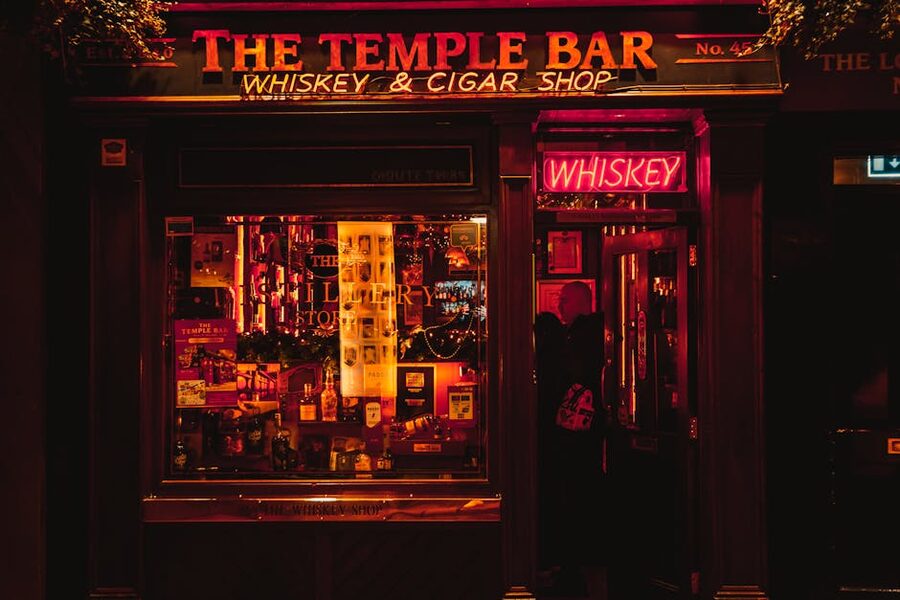 Temple Bar Dublin at night with neon sign