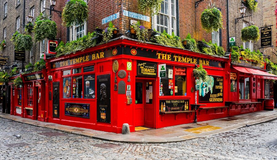 Dublin pub counter with whiskey bottles