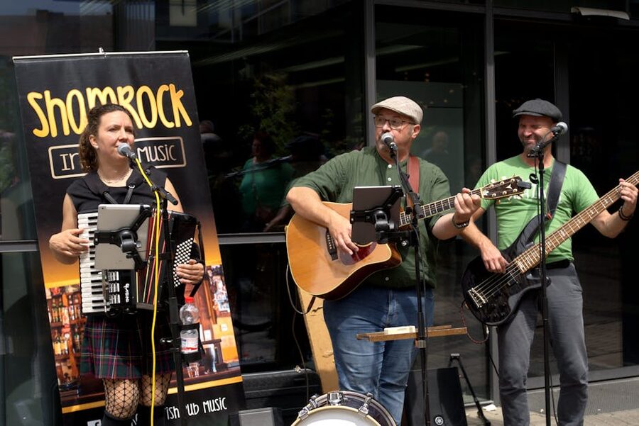 A live Irish traditional music band performing outdoors