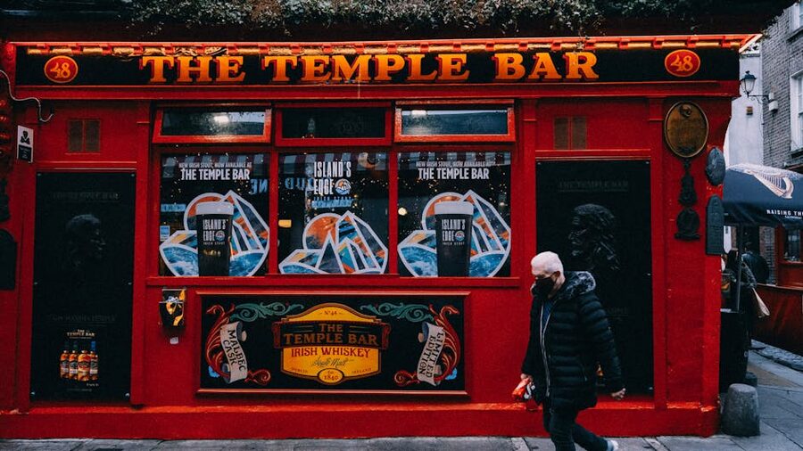 The bright red facade of Temple Bar pub in Dublin, Ireland
