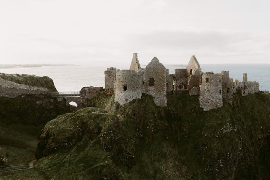 Dunluce Castle ruins on the Antrim cliffs Northern Ireland