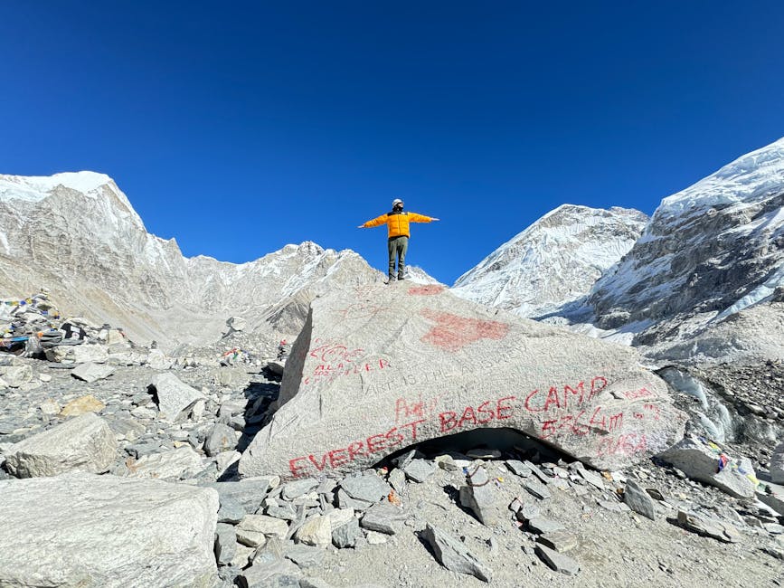 Mountaineer standing on rocks at Everest Base Camp surrounded by snowy peaks