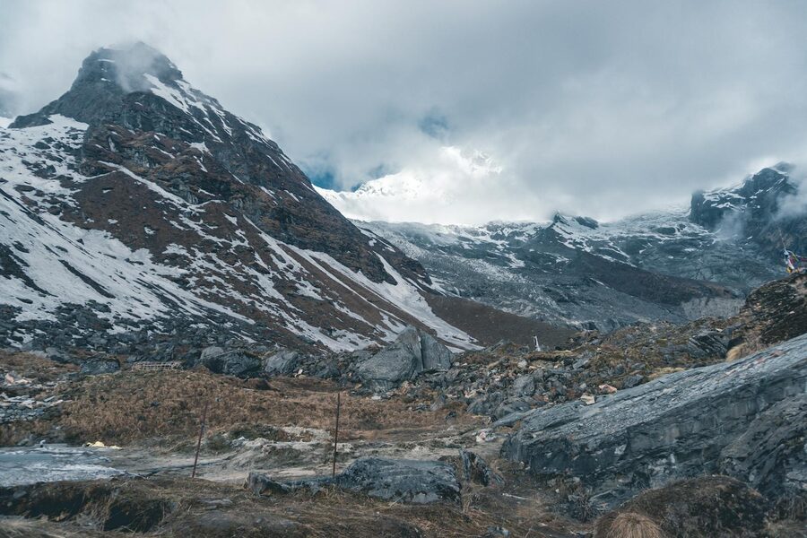 Prayer flags and Himalayan peaks along the EBC trail