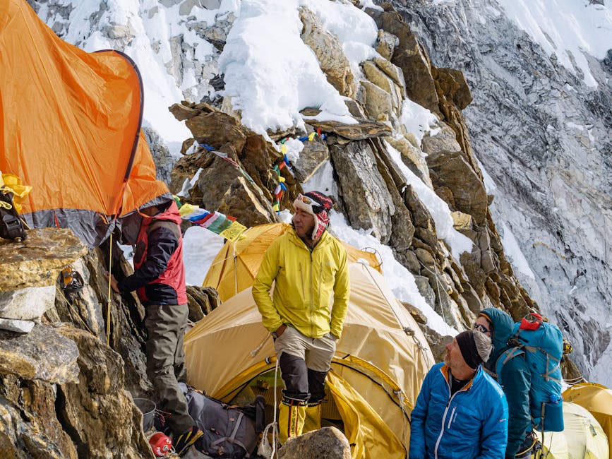 Expedition tents pitched at a Himalayan base camp