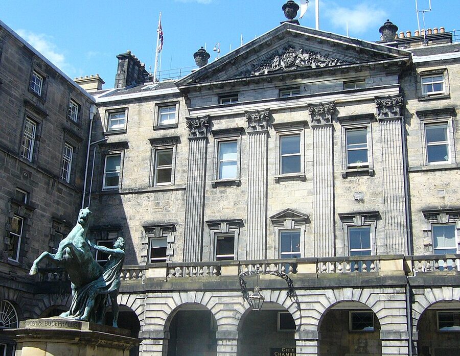 The Edinburgh City Chambers building seen from the High Street, sitting above Mary King's Close