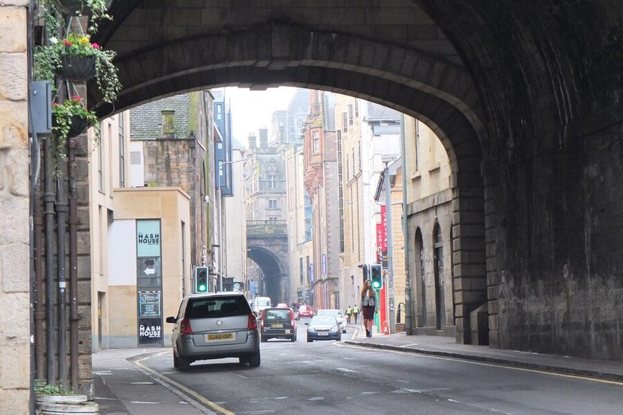 Cowgate from above with South Bridge crossing overhead in Edinburgh