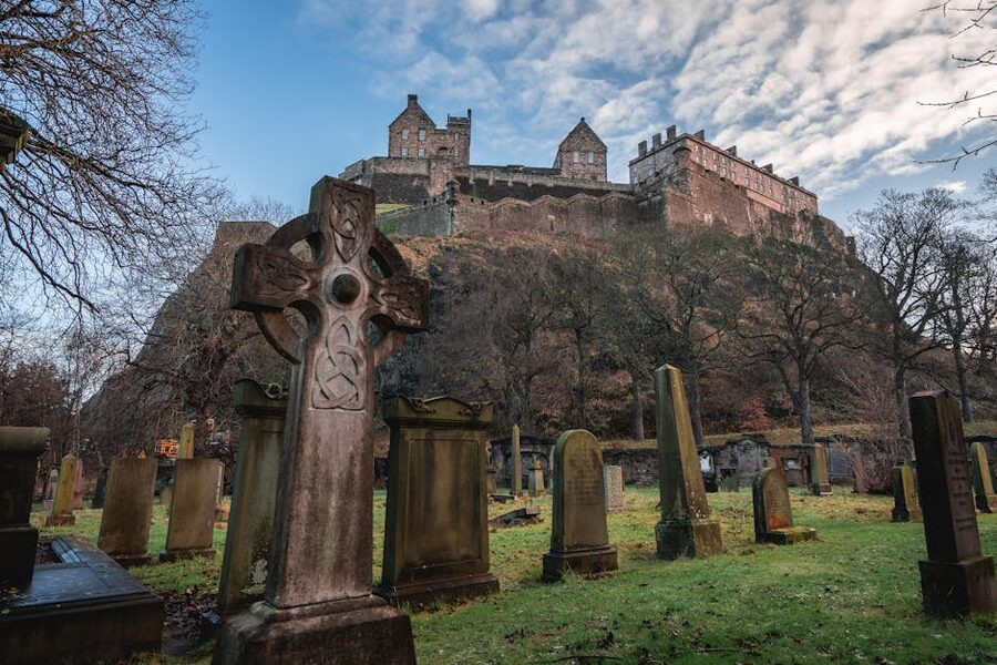 Celtic cross gravestones with Edinburgh Castle in background