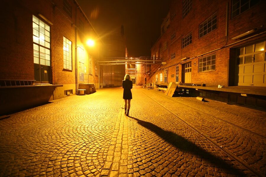 Cobblestone alley illuminated by street lamp at night