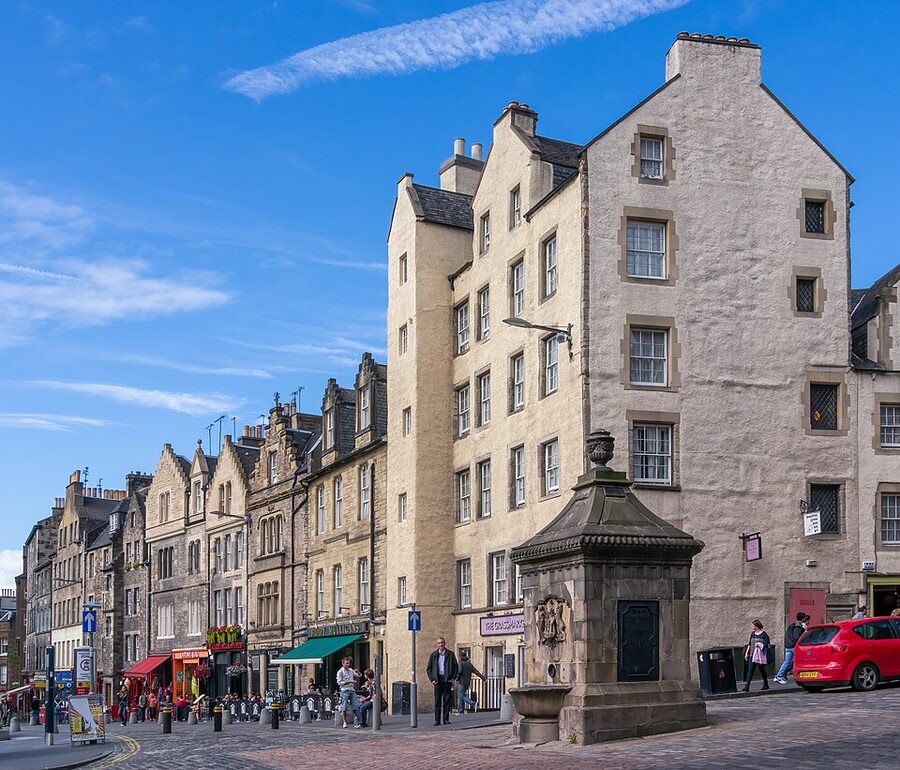 Edinburgh Grassmarket with castle above
