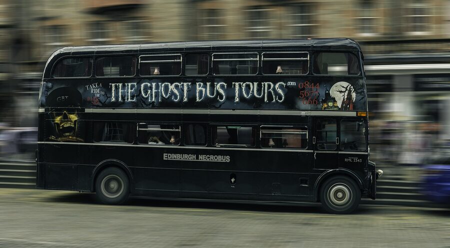 The Ghost Bus Tour double-decker on Lawnmarket in Edinburgh