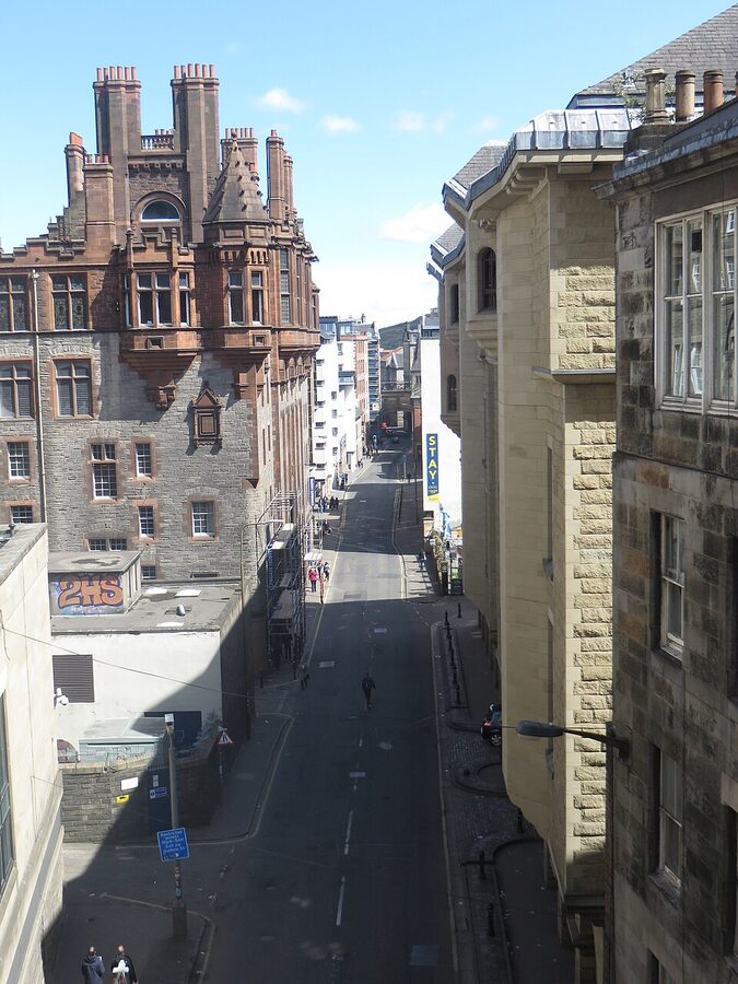 The Cowgate in Edinburgh, the bus route under South Bridge