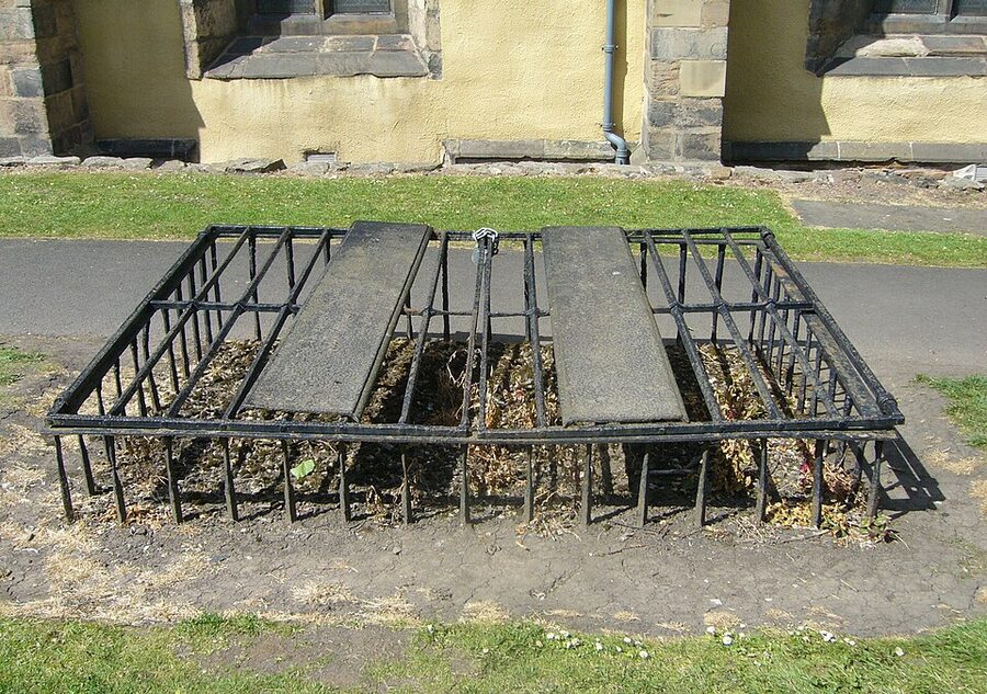 Mortsafe iron cage over a grave in Greyfriars Kirkyard