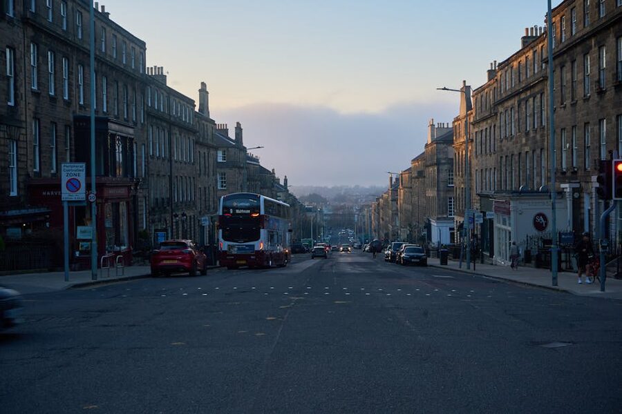 Historic Edinburgh street at twilight with Georgian row